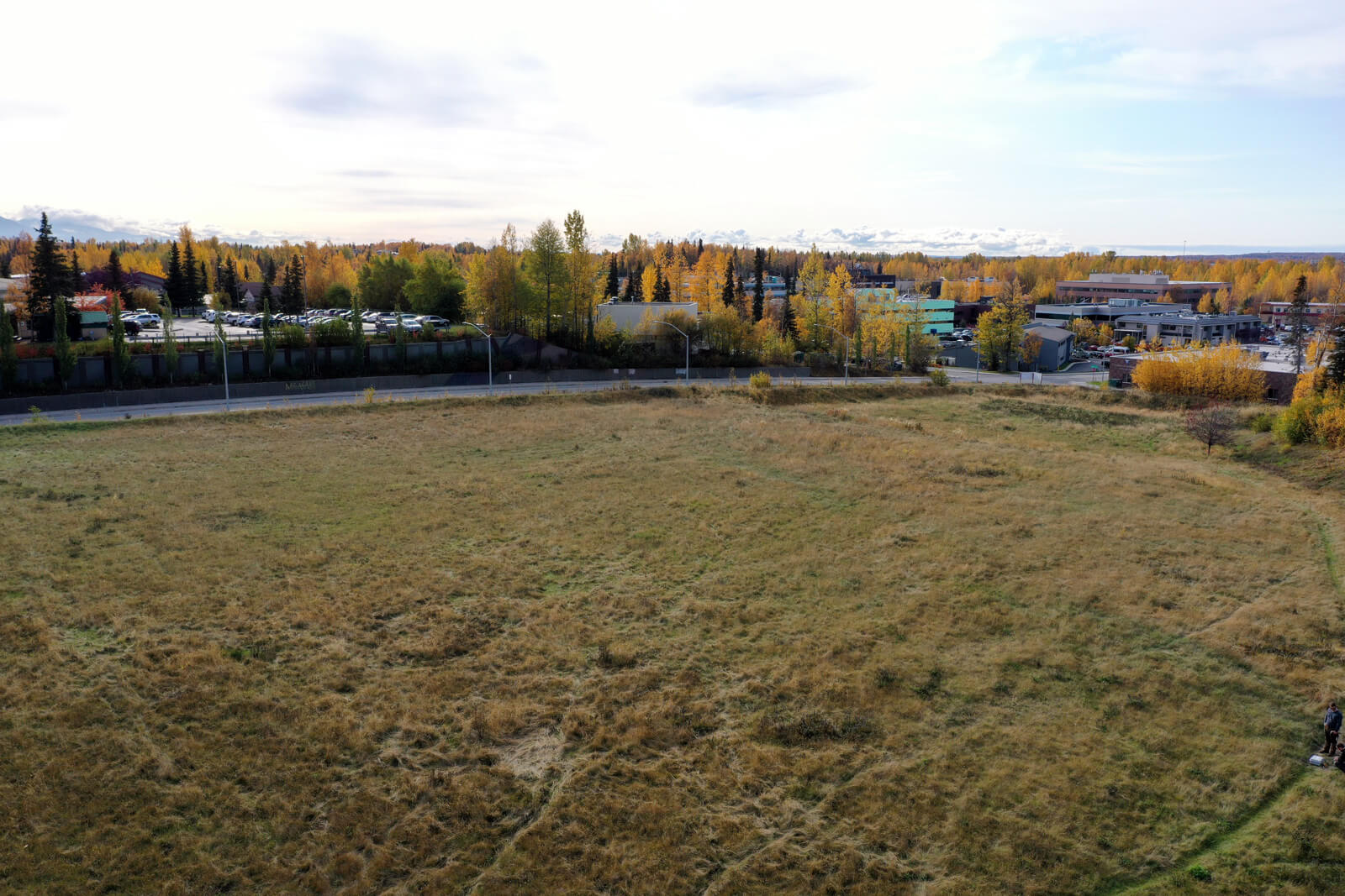 Aerial perspective of a lush green field with a distant building set against a bright sky.